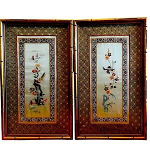 Asian Silk Embroidered Framed Art Ornate, Decor, Birds, Flowers, Spring